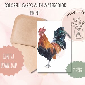 Aquarelkaart Haan |  Digitale download | Kunst van Juud Design | Duurzaam, snel en gemakkelijk | Eenmalige aankoop, levenslange toegang