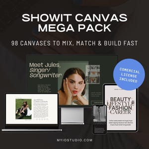 Puede incluir: Una exhibición de producto de marketing digital con una computadora portátil, una tableta, un teléfono inteligente y un monitor. El texto dice "SHOWIT CANVAS MEGA PACK" con "98 CANVASES TO MIX, MATCH & BUILD FAST." Las pantallas muestran "Meet Jules, Singer/Songwriter" y "BEAUTY LIFESTYLE FASHION CAREER."