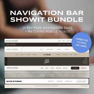 May include: A Showit website bundle with 15 premade navigation bars and matching mobile menus. The bundle includes a commercial license. The website design features a light brown background with white text and a logo that says "mylo studio".