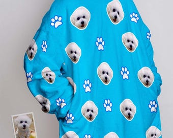 Manta con capucha personalizada con foto de mascota: Manta extragrande y personalizada para llevar puesta - Regalo para mujer