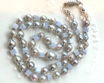 Blue on Blue necklace with vintage baroque blue akoya pearls, blue lace agate, sterling silver and Swarovski crystal