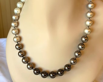 Ombre dramatic 12 mm Swarovski crystal pearl necklace, handknotted, sterling silver, choice of two