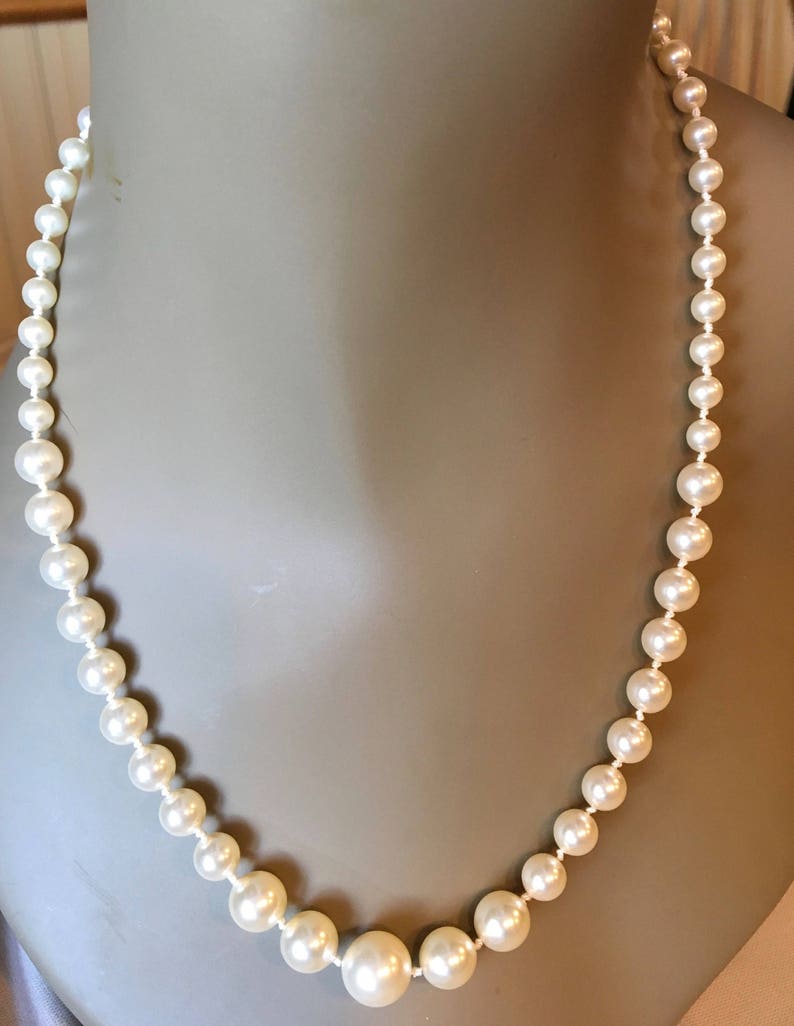 Elegant graduated faux pearl necklace, Swarovski crystal pearls, handknotted, sterling silver classic design image 2