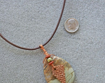 Wilderness pendant necklace with landscape jasper, copper, Swarovski pearl and Czech glass