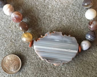 Striped Agate necklace with earthy striped agate pendant and faceted Botswana agate