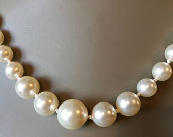 Elegant graduated faux pearl necklace, Swarovski crystal pearls, handknotted, sterling silver classic design