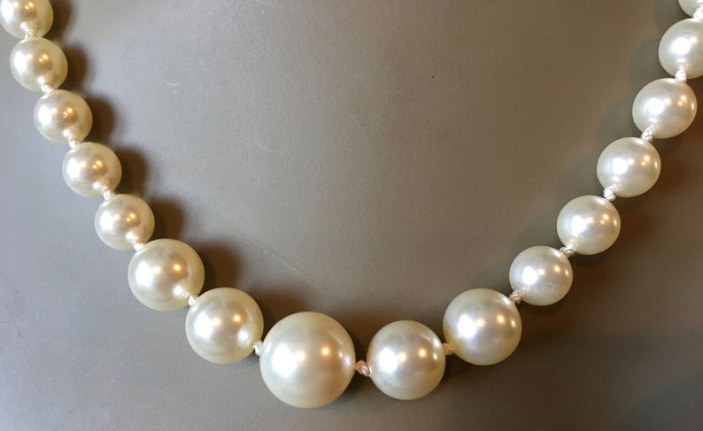 Elegant graduated faux pearl necklace, Swarovski crystal pearls, handknotted, sterling silver classic design image 1