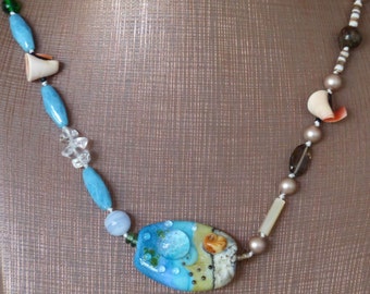 The Beach necklace with handcrafted lamp work glass, Czech glass, gemstones and sterling silver