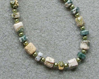 Oceanside necklace with ocean jasper, Swarovski pearls and sterling silver