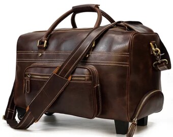 Classic genuine leather men travel bag, large capacity men weekend leather bag with wheels, vintage duffle bag for him