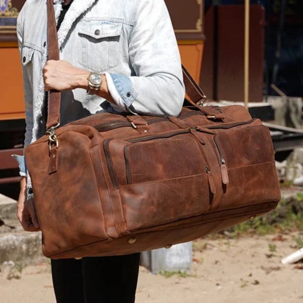 Ricco Leathers vintage high quality weekender travel bag, large capacity leather bag, duffel bag for men, genuine leather brown luggage bag