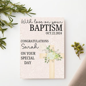 Nom personnalisé carte de baptême, carte de voeux religieuse foi avec message de verset de la Bible, avec amour sur votre carte personnalisée de baptême pour chrétien