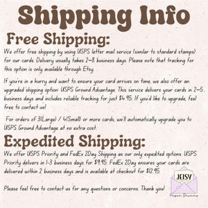 May include: A beige card with the text "Shipping Info" in a brown, whimsical font. The card details free and expedited shipping options, including USPS and FedEx services. The card also includes the shop's logo.