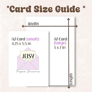 Puede incluir: Una gu&iacute;a de tama&ntilde;os de tarjetas con ilustraciones de dos sobres. El sobre m&aacute;s peque&ntilde;o est&aacute; etiquetado como "A2 Card (small) 4.25 x 5.5 in" y el sobre m&aacute;s grande est&aacute; etiquetado como "A7 Card (large) 5 x 7 in".