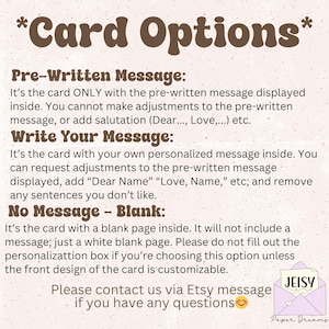 May include: A light beige card with text options. The options include a pre-written message, a personalized message, or a blank card. The text also includes instructions on how to customize the card. The card has a logo that says "JEISY Paper Dreams".