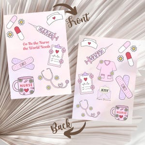 May include: Two pink cards with nurse-themed illustrations. One card has the text "Go Be the Nurse the World Needs". The illustrations include a nurse's hat, syringe, clipboard, stethoscope, bandages, pills, flowers, and a mug.