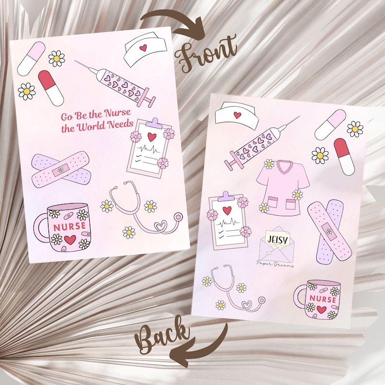 May include: Two pink cards with nurse-themed illustrations. One card has the text "Go Be the Nurse the World Needs". The illustrations include a nurse's hat, syringe, clipboard, stethoscope, bandages, pills, flowers, and a mug.
