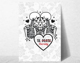 Tarjeta de eternidad hasta la muerte, tarjeta de San Valentín gótica con esqueleto, tarjeta de felicitación gótica romántica, tarjeta de amante del romance oscuro de Halloween
