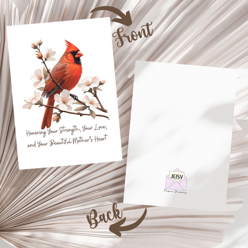 Puede incluir: Una tarjeta de condolencias con un cardenal rojo posado en una rama con flores blancas. La tarjeta dice "Honoring Your Strength, Your Love, and Your Beautiful Mother's Heart".