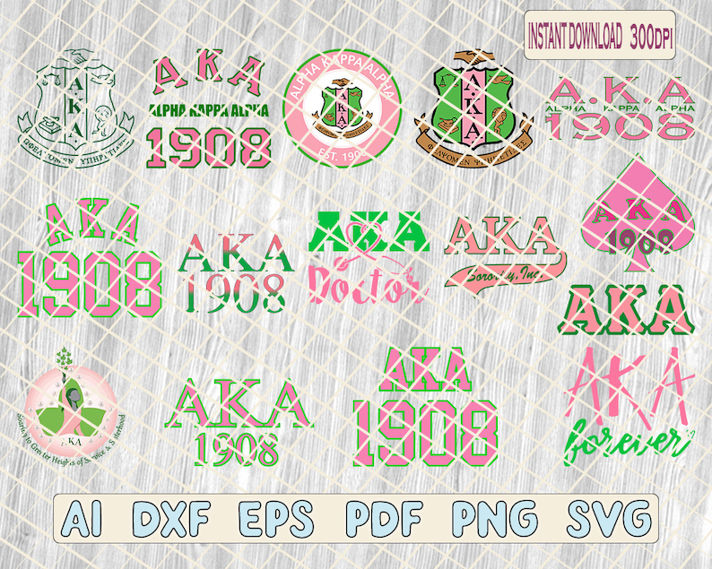 May include: A digital download of 10 different designs featuring the letters AKA and the year 1908 in pink and green. The designs include a crest, a heart, a spade, and various text-based designs.