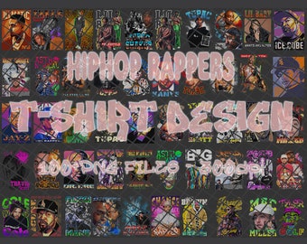 May include: A collage of 100 digital images featuring portraits of famous hip hop rappers. The images are in a grid format with a pink and white text overlay that reads "Hip Hop Rappers T-Shirt Design 100 PNG Files 300dpi".