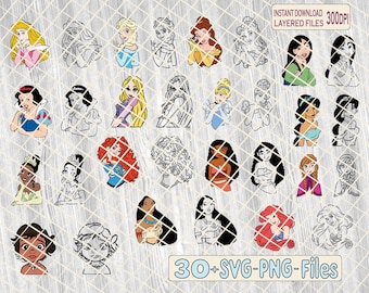 May include: A digital download of 30+ SVG and PNG files featuring various Disney princesses, including Snow White, Cinderella, Ariel, Belle, and more. The images are in a cartoon style and are perfect for crafting projects.