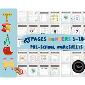May include: A set of 85 printable preschool worksheets featuring colorful numbers 1-10. The worksheets include activities such as tracing lines, number order, color the number, addition time, flower counting, and vegetable counting.