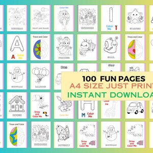 May include: A set of 100 printable coloring pages featuring various images, including a Christmas tree, a snowman, a bus, a butterfly, a house, a giraffe, a sheep, and more. The text "100 FUN PAGES A4 SIZE JUST PRINT INSTANT DOWNLOAD" is displayed in the center of the image.