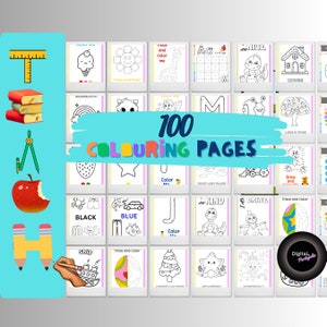 Puede incluir: Un conjunto de 100 páginas para colorear para niños con varios temas, incluyendo animales, letras, números, formas y objetos. Las páginas están diseñadas para ayudar a los niños a desarrollar sus habilidades motoras finas y su creatividad.