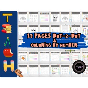 May include: A set of 13 printable worksheets for kids featuring dot-to-dot and color-by-number activities. The worksheets include images of animals, letters, numbers, and other fun designs.  The text on the image reads "13 Pages Dot-2-Dot & Coloring By Number".