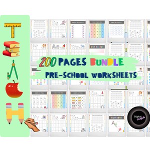 Puede incluir: Una imagen colorida con el texto "200 PAGES BUNDLE PRE-SCHOOL WORKSHEETS" en una pancarta blanca. La imagen muestra una colección de 24 hojas de trabajo imprimibles para niños de preescolar. Las hojas de trabajo presentan diversas actividades como trazar letras, hacer coincidir letras, contar y punto a punto.