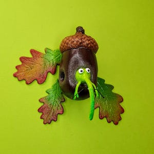 May include: A brown acorn with a green worm coming out of the top. The acorn has a brown cap and is surrounded by two red and green leaves.