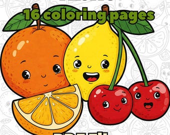 Schattig fruit kleurplaten pdf | 16 kawaiivruchten met gezichten | Afdrukbaar kleurboek voor kinderen