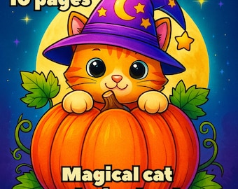 Libro para colorear de gatos mágicos / Páginas imprimibles de gatos magos, Lindo gato brujo para colorear digitalmente