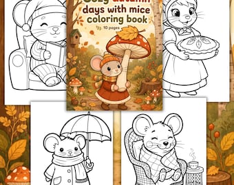 Kids Fall Coloring Pages, Cozy Autumn Mice Coloring Book, Cute Woodland Animals Printable PDF