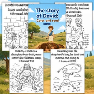 May include: A coloring book titled The story of David: Color and read, featuring 8 pages of black and white line art illustrations depicting biblical scenes, including David with a harp, Goliath, and David using a sling, with text references.