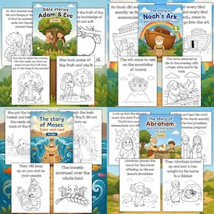 May include: A collection of four Bible story coloring books for children titled Adam & Eve, Noah's Ark, Moses, and Abraham. Each book cover features colorful illustrations, while the surrounding pages display black and white line art drawings.