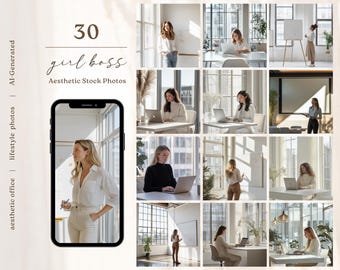May include: A collage of 30 stock photos featuring women working in a modern office setting. The photos showcase a variety of poses and activities, including working on laptops, standing by windows, and presenting on whiteboards. The photos are all bright and airy, with a minimalist aesthetic.