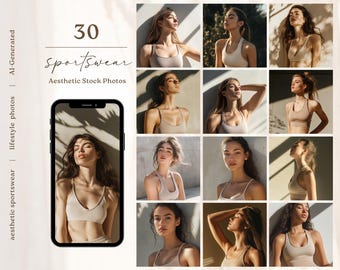 May include: A collection of 30 stock photos featuring a person wearing a beige sports bra in various poses. The photos are taken outdoors with natural lighting and feature a variety of backgrounds, including a wall, a tree, and a field. The photos are all high-quality and would be perfect for use in a variety of marketing materials, such as websites, social media, and print ads.