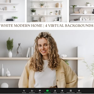 Peut inclure: Une femme sourit devant une étagère blanche avec des livres, des plantes et des objets décoratifs. L'image comprend le texte "WHITE MODERN HOME | 4 VIRTUAL BACKGROUNDS" en haut. La femme porte une chemise blanche et une veste beige.