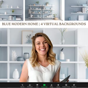 Blue Modern Minimalist Shelves, Zoom Home Office Background, Professional Virtual Background for Video Conferences, Work from Home Meeting