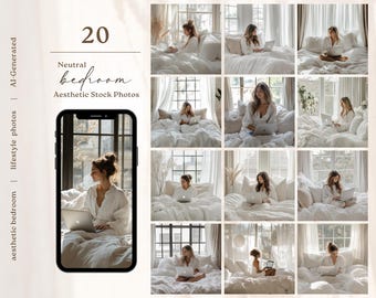 May include: A collage of 20 images featuring a neutral bedroom aesthetic. Each image shows a woman in a white bedroom with a large window, using a laptop computer. The text "20 Neutral bedroom Aesthetic Stock Photos" is at the top of the collage.