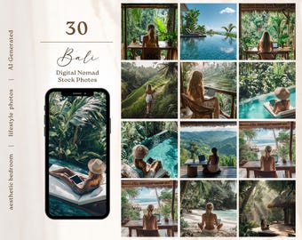 May include: 30 digital nomad stock photos of Bali, featuring people working on laptops in lush green tropical settings, by the pool, and on the beach.