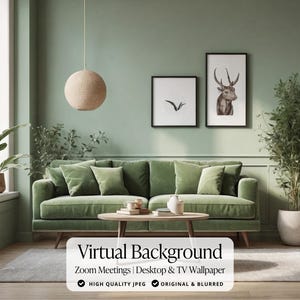 May include: A virtual background image featuring a green sofa, a round wicker pendant light, and two framed prints of a deer and a bird. The background is a light green wall with white trim. The image is labeled "Virtual Background" and "Zoom Meetings | Desktop & TV Wallpaper".
