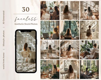 May include: A collection of 30 faceless aesthetic stock photos featuring people working from home in a minimalist setting with natural light. The photos show people sitting at desks, working on laptops, and enjoying the view from their windows.