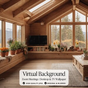 May include: A virtual background image featuring a cosy wooden cabin with large windows overlooking a forest. The cabin has a wooden floor, a wooden ceiling, and a large window with a view of a forest. There is a sofa and a coffee table in the room. The image is perfect for use as a virtual background for Zoom meetings or as a desktop wallpaper.
