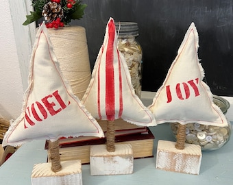 Set of 3 Christmas Trees on Stands NOEL JOY and French Grain Sack-style