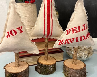 Set of 3 Christmas Trees on Stands FELIZ NAVIDAD and French Grain Sack-style and JOY