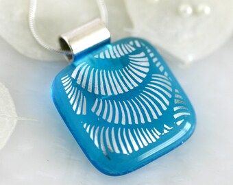 Silver Accent Aqua Dichroic Fused Glass Pendant Necklace Jewelry 01088, GetGlassy