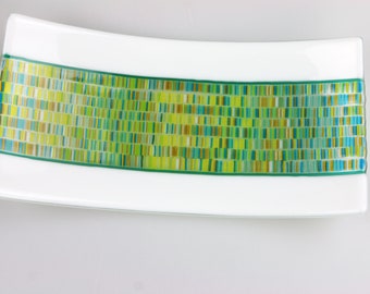 Fused Glass Platter Tapestry in Greens and White